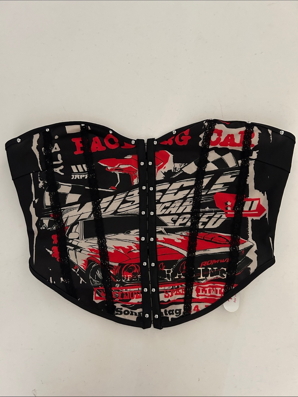 ROMWE Black Bustier Top with Red & Cream Graphic Detail